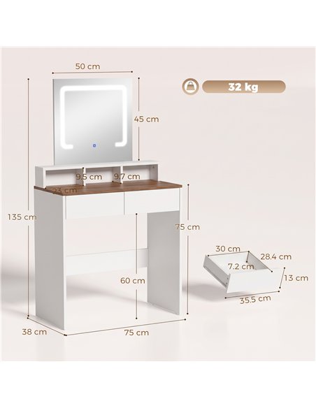 HOMCOM Vanity Table, Dressing Table with Mirror, LED Lights, 2 Drawers, 3 Compartments, 3 Colour Lighting, Walnut - pic 209216 | FastDaddyshop