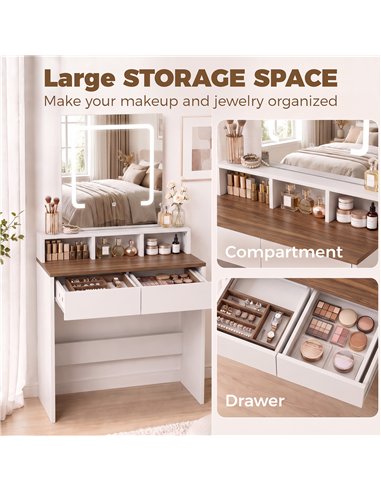 HOMCOM Vanity Table, Dressing Table with Mirror, LED Lights, 2 Drawers, 3 Compartments, 3 Colour Lighting, Walnut