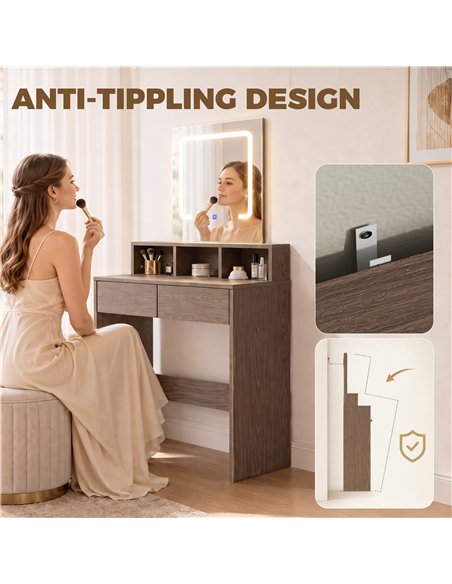 HOMCOM Vanity Table, Dressing Table with Mirror, LED Lights, 2 Drawers, 3 Compartments, 3 Colour Lighting, Walnut - pic 209220 | FastDaddyshop