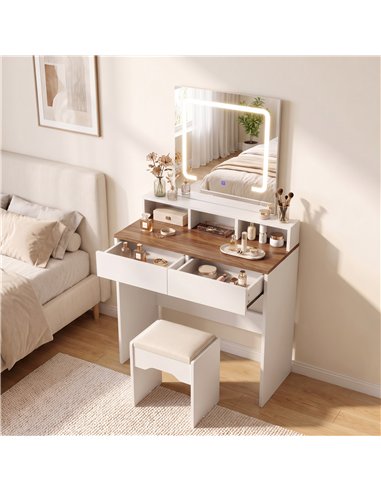 HOMCOM Vanity Table, Dressing Table with Mirror, LED Lights, 2 Drawers, 3 Compartments, 3 Colour Lighting, Walnut