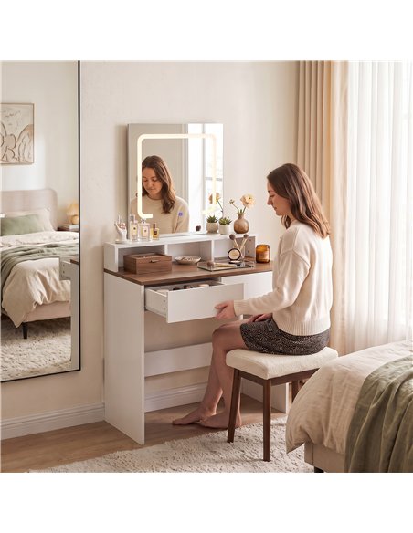 HOMCOM Vanity Table, Dressing Table with Mirror, LED Lights, 2 Drawers, 3 Compartments, 3 Colour Lighting, Walnut - pic 209222 | FastDaddyshop