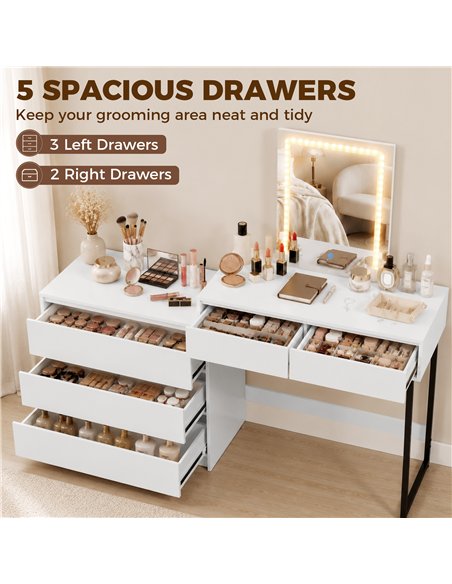 HOMCOM Vanity Makeup Desk LED Mirror Dressing Table Large Storage 5 Drawers White - pic 209227 | FastDaddyshop