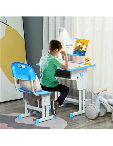 HOMCOM Kids Desk and Chair Set Adjustable Height Study Table Set with Drawer, Book Stand, Pen Slot - Blue