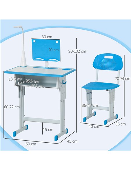 HOMCOM Kids Desk and Chair Set Adjustable Height Study Table Set with Drawer, Book Stand, Pen Slot - Blue - pic 209234 | FastDaddyshop