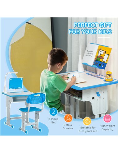 HOMCOM Kids Desk and Chair Set Adjustable Height Study Table Set with Drawer, Book Stand, Pen Slot - Blue
