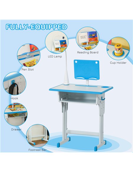 HOMCOM Kids Desk and Chair Set Adjustable Height Study Table Set with Drawer, Book Stand, Pen Slot - Blue - pic 209236 | FastDaddyshop