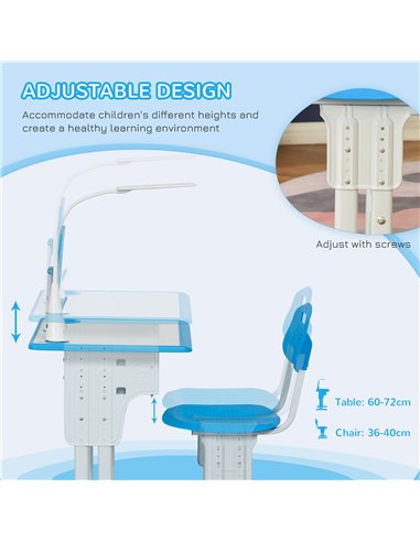 HOMCOM Kids Desk and Chair Set Adjustable Height Study Table Set with Drawer, Book Stand, Pen Slot - Blue