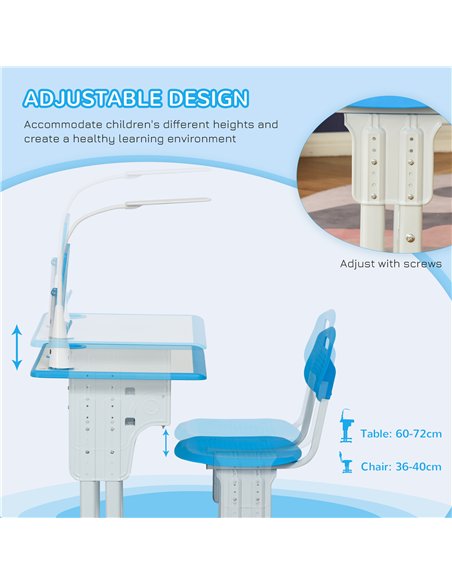 HOMCOM Kids Desk and Chair Set Adjustable Height Study Table Set with Drawer, Book Stand, Pen Slot - Blue - pic 209237 | FastDaddyshop