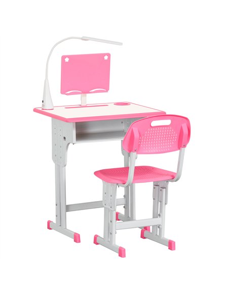 HOMCOM Kids Desk and Chair Set Adjustable Height Study Table Set with Drawer, Book Stand, Pen Slot - Pink - pic 209241 | FastDaddyshop