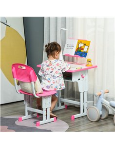 HOMCOM Kids Desk and Chair Set Adjustable Height Study Table Set with Drawer, Book Stand, Pen Slot - Pink 2