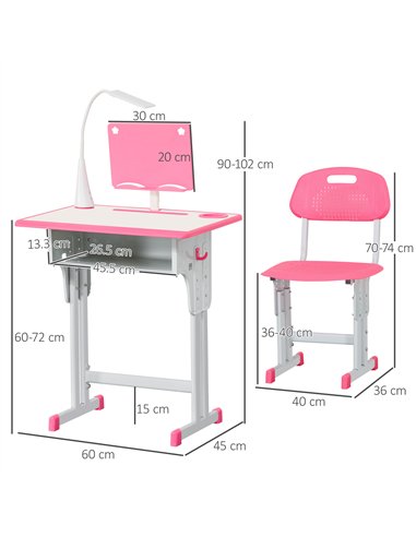 HOMCOM Kids Desk and Chair Set Adjustable Height Study Table Set with Drawer, Book Stand, Pen Slot - Pink