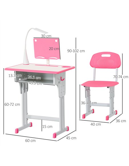 HOMCOM Kids Desk and Chair Set Adjustable Height Study Table Set with Drawer, Book Stand, Pen Slot - Pink - pic 209243 | FastDaddyshop