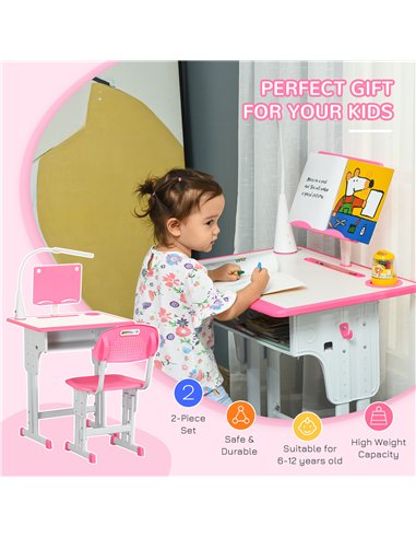HOMCOM Kids Desk and Chair Set Adjustable Height Study Table Set with Drawer, Book Stand, Pen Slot - Pink