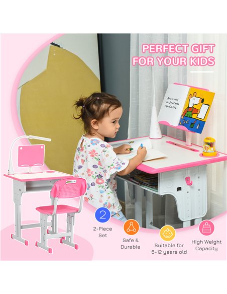 HOMCOM Kids Desk and Chair Set Adjustable Height Study Table Set with Drawer, Book Stand, Pen Slot - Pink - pic 209244 | FastDaddyshop