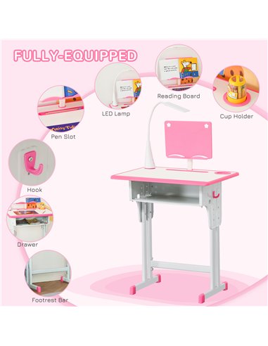 HOMCOM Kids Desk and Chair Set Adjustable Height Study Table Set with Drawer, Book Stand, Pen Slot - Pink