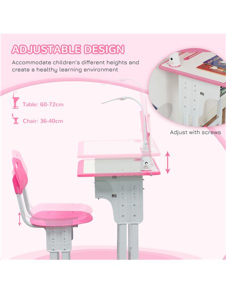 HOMCOM Kids Desk and Chair Set Adjustable Height Study Table Set with Drawer, Book Stand, Pen Slot - Pink - pic 209246 | FastDaddyshop