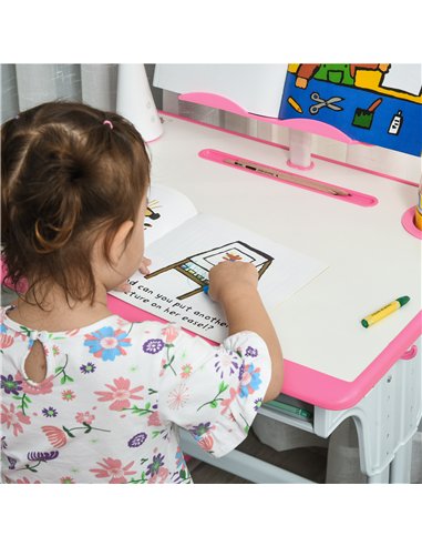 HOMCOM Kids Desk and Chair Set Adjustable Height Study Table Set with Drawer, Book Stand, Pen Slot - Pink