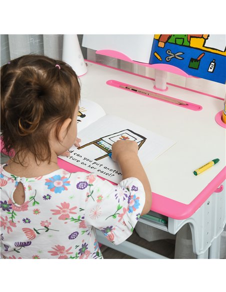 HOMCOM Kids Desk and Chair Set Adjustable Height Study Table Set with Drawer, Book Stand, Pen Slot - Pink - pic 209249 | FastDaddyshop