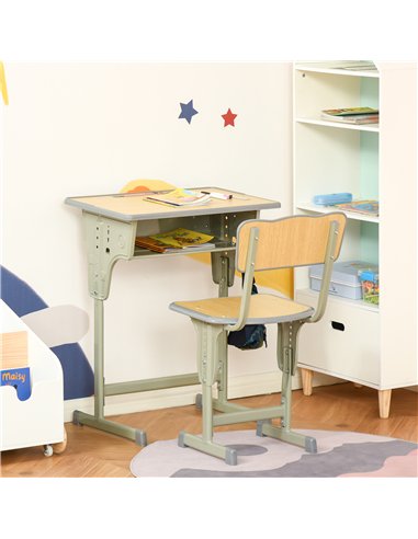 HOMCOM Height Adjustable Kids Desk and Chair Set with Storage Compartment, Bag Hook and Pen Holder, for 6-12 Years, Grey