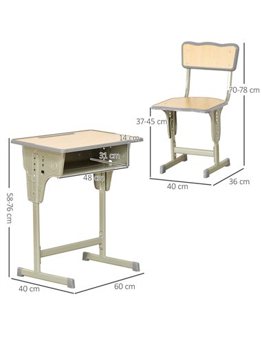 HOMCOM Height Adjustable Kids Desk and Chair Set with Storage Compartment, Bag Hook and Pen Holder, for 6-12 Years, Grey