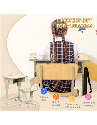 HOMCOM Height Adjustable Kids Desk and Chair Set with Storage Compartment, Bag Hook and Pen Holder, for 6-12 Years, Grey