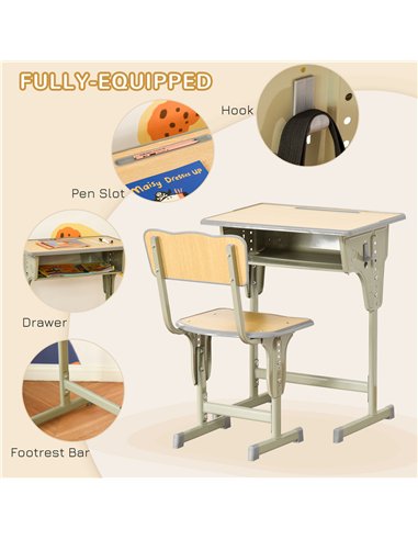 HOMCOM Height Adjustable Kids Desk and Chair Set with Storage Compartment, Bag Hook and Pen Holder, for 6-12 Years, Grey