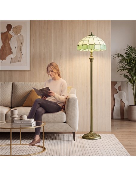 HOMCOM Tiffany-Style Floor Lamp with Handcrafted Stained Glass Shade, 152cm Tall Vintage Standing Lamp, Bronze Tone and Green - pic 209260 | FastDaddyshop