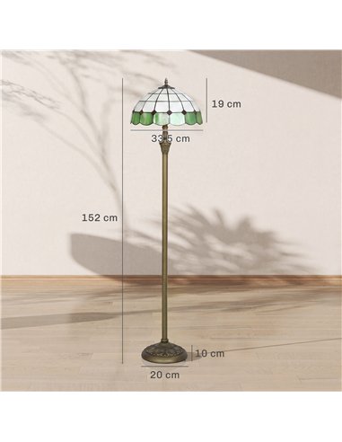 HOMCOM Tiffany-Style Floor Lamp with Handcrafted Stained Glass Shade, 152cm Tall Vintage Standing Lamp, Bronze Tone and Green