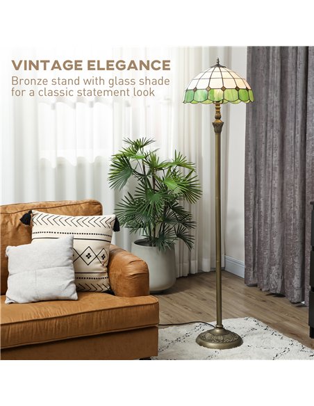 HOMCOM Tiffany-Style Floor Lamp with Handcrafted Stained Glass Shade, 152cm Tall Vintage Standing Lamp, Bronze Tone and Green - pic 209262 | FastDaddyshop