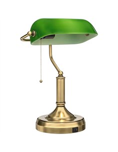 HOMCOM Desk Lamp with USB Ports, Banker's Table Lamp Desk Lamp with Vintage Bronze Tone Base and Pull Rope Switch, Green