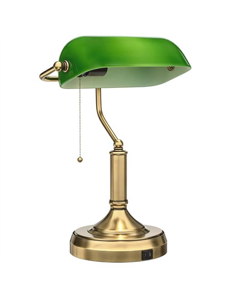 HOMCOM Desk Lamp with USB Ports, Banker's Table Lamp Desk Lamp with Vintage Bronze Tone Base and Pull Rope Switch, Green - pic 209268 | FastDaddyshop