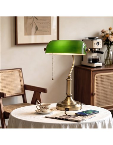 HOMCOM Desk Lamp with USB Ports, Banker's Table Lamp Desk Lamp with Vintage Bronze Tone Base and Pull Rope Switch, Green