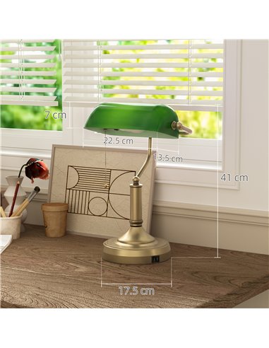 HOMCOM Desk Lamp with USB Ports, Banker's Table Lamp Desk Lamp with Vintage Bronze Tone Base and Pull Rope Switch, Green