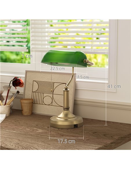 HOMCOM Desk Lamp with USB Ports, Banker's Table Lamp Desk Lamp with Vintage Bronze Tone Base and Pull Rope Switch, Green - pic 209270 | FastDaddyshop