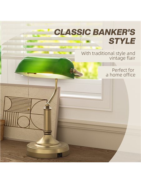HOMCOM Desk Lamp with USB Ports, Banker's Table Lamp Desk Lamp with Vintage Bronze Tone Base and Pull Rope Switch, Green - pic 209271 | FastDaddyshop