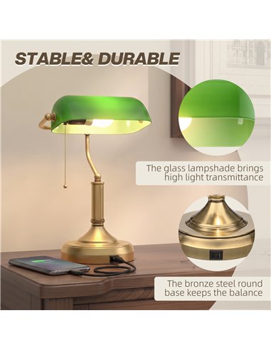 HOMCOM Desk Lamp with USB Ports, Banker's Table Lamp Desk Lamp with Vintage Bronze Tone Base and Pull Rope Switch, Green