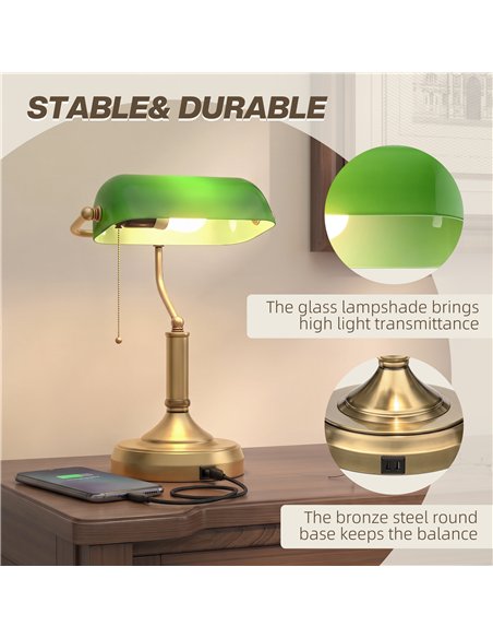 HOMCOM Desk Lamp with USB Ports, Banker's Table Lamp Desk Lamp with Vintage Bronze Tone Base and Pull Rope Switch, Green - pic 209272 | FastDaddyshop