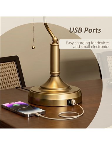 HOMCOM Desk Lamp with USB Ports, Banker's Table Lamp Desk Lamp with Vintage Bronze Tone Base and Pull Rope Switch, Green