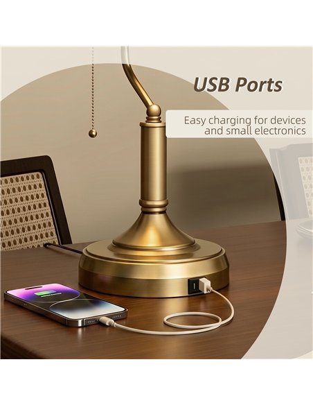 HOMCOM Desk Lamp with USB Ports, Banker's Table Lamp Desk Lamp with Vintage Bronze Tone Base and Pull Rope Switch, Green - pic 209273 | FastDaddyshop