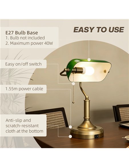 HOMCOM Desk Lamp with USB Ports, Banker's Table Lamp Desk Lamp with Vintage Bronze Tone Base and Pull Rope Switch, Green - pic 209274 | FastDaddyshop