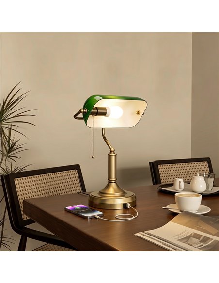 HOMCOM Desk Lamp with USB Ports, Banker's Table Lamp Desk Lamp with Vintage Bronze Tone Base and Pull Rope Switch, Green - pic 209275 | FastDaddyshop