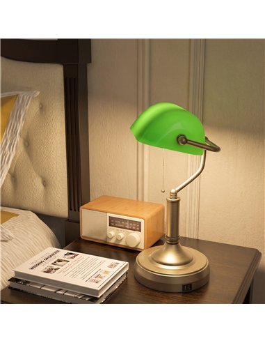 HOMCOM Desk Lamp with USB Ports, Banker's Table Lamp Desk Lamp with Vintage Bronze Tone Base and Pull Rope Switch, Green