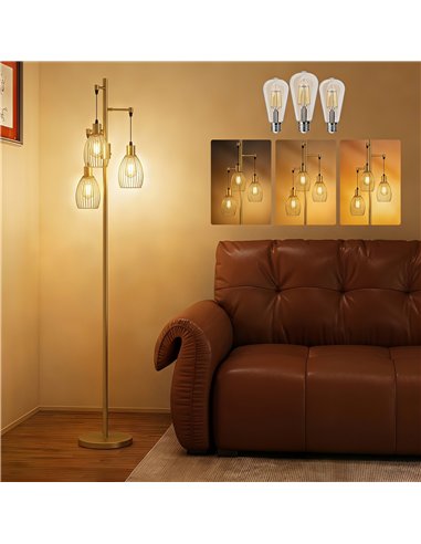 HOMCOM 170.5cm Industrial Dimmable Standing Lamp, 3-Light Floor Lamp with Steel Wire Cage Lampshades, Gold Tone