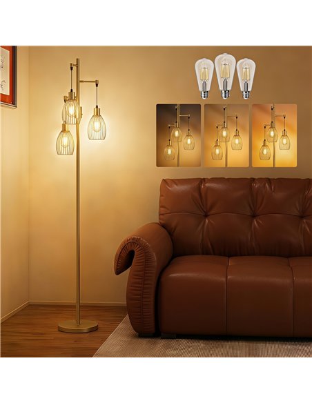 HOMCOM 170.5cm Industrial Dimmable Standing Lamp, 3-Light Floor Lamp with Steel Wire Cage Lampshades, Gold Tone - pic 209287 | FastDaddyshop