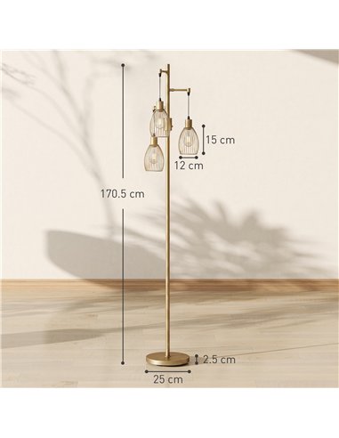 HOMCOM 170.5cm Industrial Dimmable Standing Lamp, 3-Light Floor Lamp with Steel Wire Cage Lampshades, Gold Tone