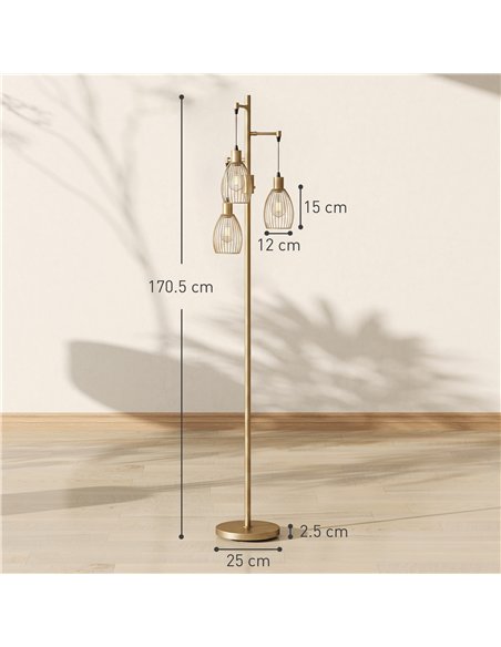 HOMCOM 170.5cm Industrial Dimmable Standing Lamp, 3-Light Floor Lamp with Steel Wire Cage Lampshades, Gold Tone - pic 209288 | FastDaddyshop