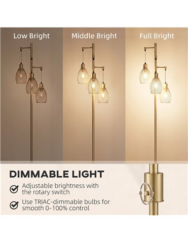 HOMCOM 170.5cm Industrial Dimmable Standing Lamp, 3-Light Floor Lamp with Steel Wire Cage Lampshades, Gold Tone