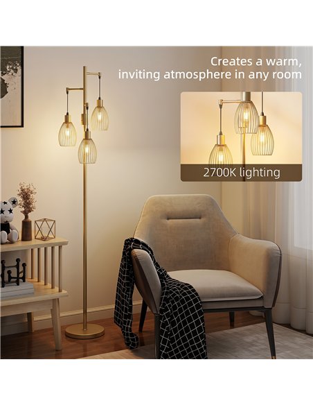 HOMCOM 170.5cm Industrial Dimmable Standing Lamp, 3-Light Floor Lamp with Steel Wire Cage Lampshades, Gold Tone - pic 209290 | FastDaddyshop