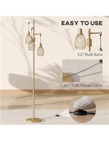 HOMCOM 170.5cm Industrial Dimmable Standing Lamp, 3-Light Floor Lamp with Steel Wire Cage Lampshades, Gold Tone
