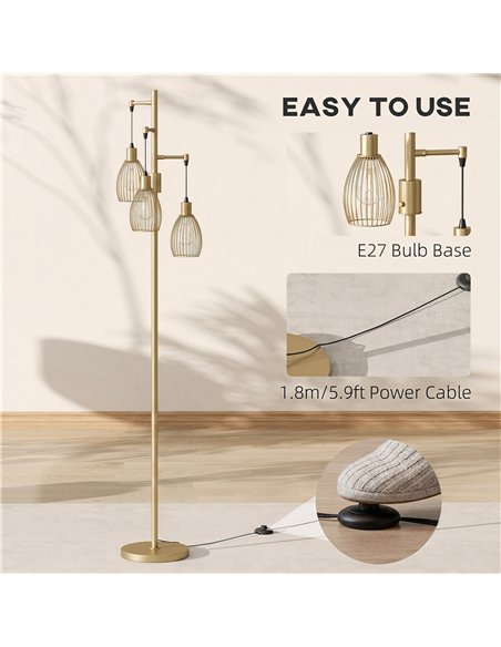 HOMCOM 170.5cm Industrial Dimmable Standing Lamp, 3-Light Floor Lamp with Steel Wire Cage Lampshades, Gold Tone - pic 209292 | FastDaddyshop